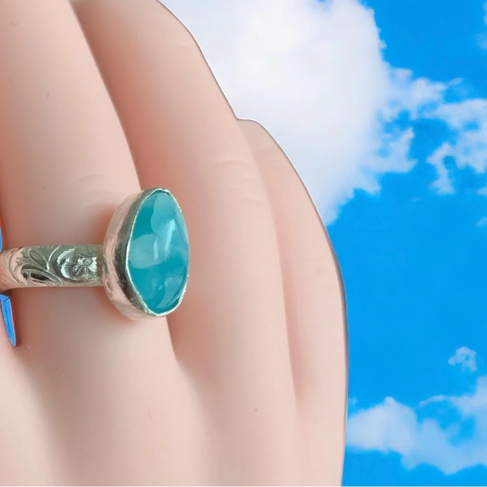 Blue Skies Ahead ring. Sterling silver larimar ring. Size 6. Artisan made. NWT